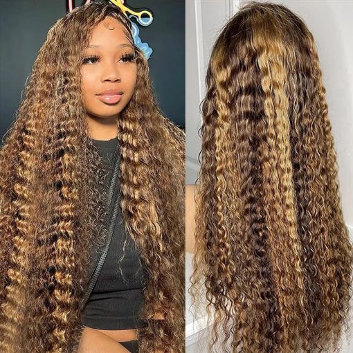 Curly Honey Blonde Ombre HD Transparent Lace Front Wig Human Hair 180% Density