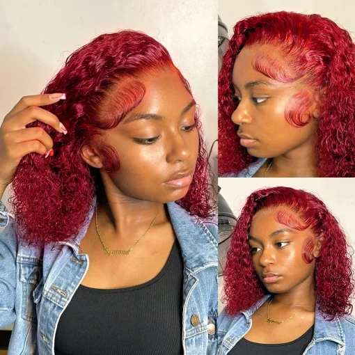 Burgundy 99J Curly Deep Water Wave Lace Front Wig  Bob Pre Plucked - Image 2