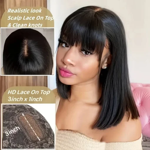 Bone Straight Remy Lace  Wig with Bangs - Image 3