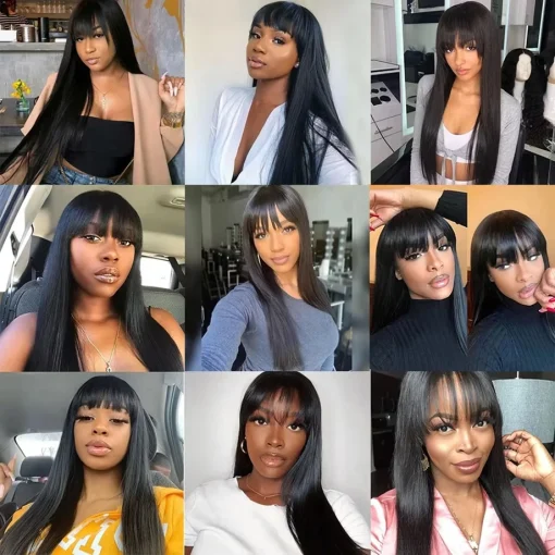 Bone Straight Remy Lace  Wig with Bangs - Image 5
