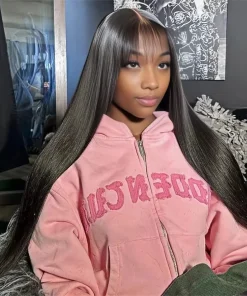Bone Straight Remy Lace Wig With Bangs and Middle Part