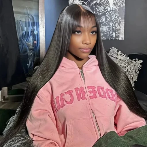 Bone Straight Remy Lace Wig With Bangs and Middle Part