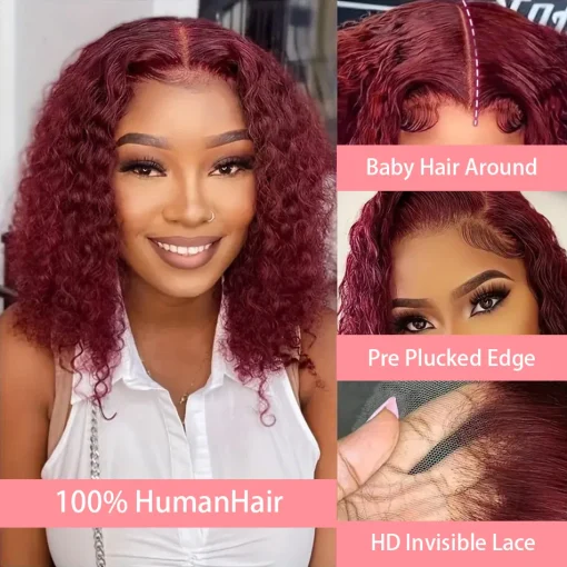 Burgundy 99J Curly Deep Water Wave Lace Front Wig  Bob Pre Plucked - Image 4