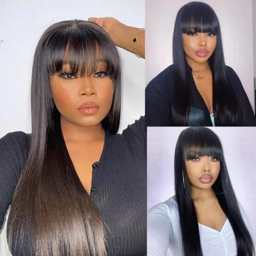 Bone Straight Remy Lace  Wig with Bangs - Image 4