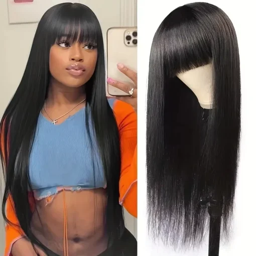 Bone Straight Remy Lace  Wig with Bangs