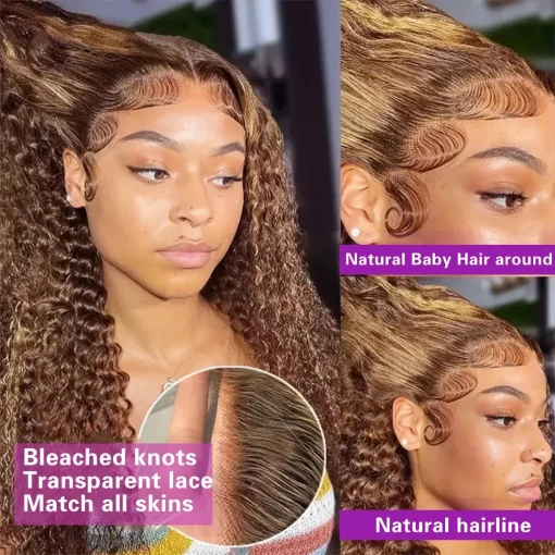 Honey Blonde Curly HD Lace Frontal Human Hair Wig 100% Natural Brazilian - Image 4