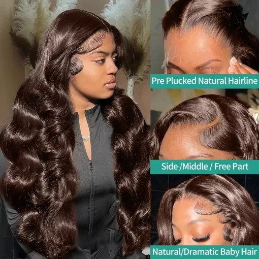 Chocolate Brown Body Wave Lace Front Human Hair Wig Brazilian Pre Plucked - Image 5